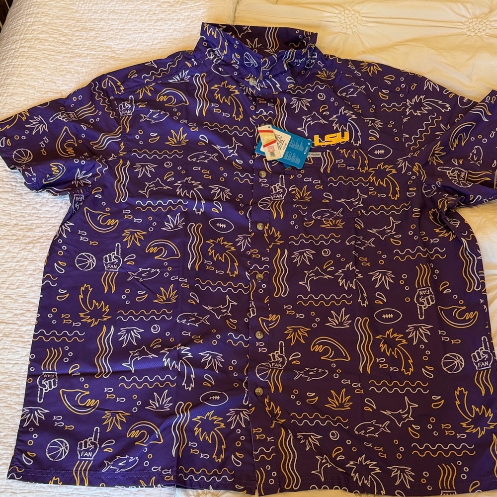 NWT Columbia brand LSU Short Sleeve Button-Up fun fan Hawaiian type Shirt XXL